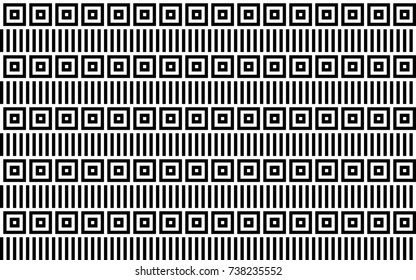 Seamless pattern with black white checked squares and striped lines. Optical illusion, illusive effect. Kinetic tile in op art. Vector hypnotic background, texture. Geometric frame, vibrant design.