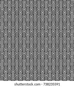 Seamless pattern with black white checked squares and striped lines. Optical illusion, illusive effect. Kinetic tile in op art. Vector hypnotic background, texture. Geometric frame, vibrant design.