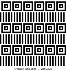 Seamless pattern with black white checked squares and striped lines. Optical illusion, illusive effect. Kinetic tile in op art. Vector hypnotic background, texture. Geometric frame, vibrant design.