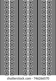 Seamless pattern with black white checked squares and striped lines. Optical illusion, illusive effect. Kinetic tile in op art. Vector hypnotic background, texture. Geometric frame, vibrant design.