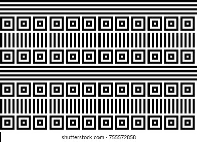 Seamless pattern with black white checked squares and striped lines. Optical illusion, illusive effect. Kinetic tile in op art. Vector hypnotic background, texture. Geometric frame, vibrant design.