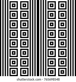 Seamless pattern with black white checked squares and striped lines. Optical illusion, illusive effect. Kinetic tile in op art. Vector hypnotic background, texture. Geometric frame, vibrant design.
