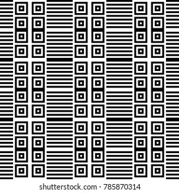Seamless pattern with black white checked squares and striped lines. Optical illusion, illusive effect. Kinetic tile in op art. Vector hypnotic background, texture. Geometric frame, vibrant design.