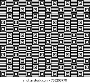 Seamless pattern with black white checked squares and striped lines. Optical illusion, illusive effect. Kinetic tile in op art. Vector hypnotic background, texture. Geometric frame, vibrant design.