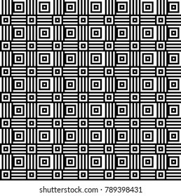 Seamless pattern with black white checked squares and striped lines. Optical illusion, illusive effect. Kinetic tile in op art. Vector hypnotic background, texture. Geometric frame, vibrant design.