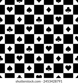 Seamless pattern with black and white checkerboard and playing cards suits