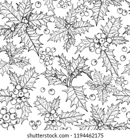 Seamless pattern with black and white christmas flowers and berries, black and white