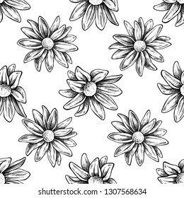 Seamless pattern with black and white chrysanths, primula