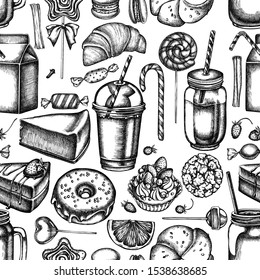 Seamless pattern with black and white cinnamon, macaron, lollipop, bar, candies, oranges, buns and bread, croissants and bread, strawberry, milk boxes, smoothie cup, lollipop, smothie jars, cheesecake