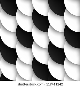 Seamless pattern of black and white circles with drop shadows. Vector illustration