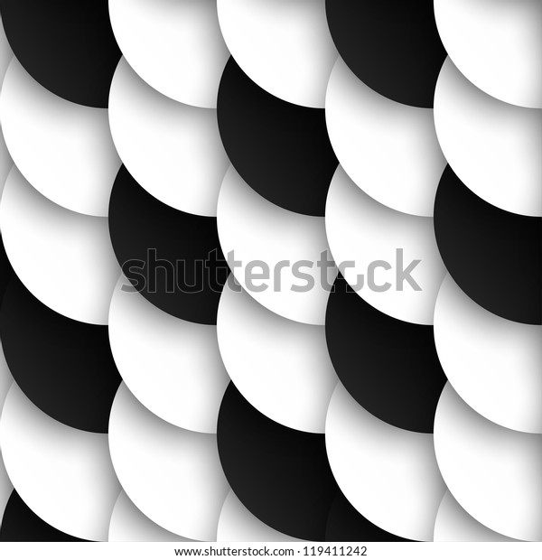 Seamless pattern of black and white circles with drop shadows. Vector illustration