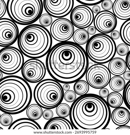 A seamless pattern of black and white circular shapes composed of eccentric circles of varying sizes. Vector illustration for prints on fabrics, wallpaper, and packaging in an abstract geometric style