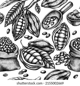 Patrón sin soldadura con frijoles de cacao en blanco y negro, cacao