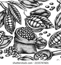 Seamless pattern with black and white cocoa beans, cocoa