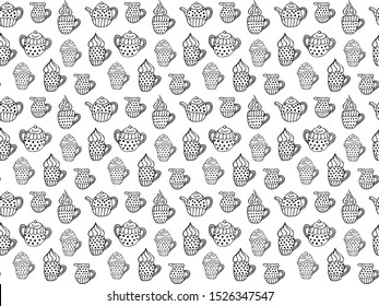 Seamless pattern of black and white coffee and tea cups with foam and steam, jugs of milk, sugar bowls and teapots. Hand drawn doodles in scandinavian style. Vector.
