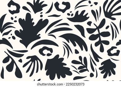 Seamless pattern black and white collage of doodles of various pattern shapes - flowers, dots, twigs, freehand ink sketch. Vector illustration isolated on white background.