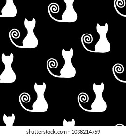 Seamless pattern in black and white colors. Simple cat with a cute tail.