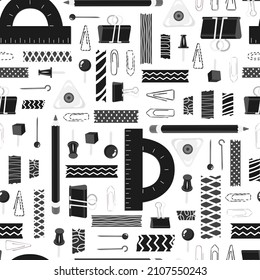 Seamless pattern with Black and white colors stationery. Back to school, office work. Clip, adhesive tape, pin, needle, eraser, pencil. Vector illustration. Paper and textile design.