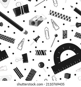 Seamless pattern with Black and white colors stationery. Back to school, office work. Clip, adhesive tape, pin, needle, eraser, pencil. Vector illustration. Paper and textile design.