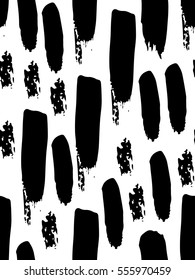 Seamless pattern in black and white colors. Spots and stripes. Abstract background. Ink and brush. Hand drawn. Vector illustration.