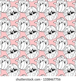 Seamless pattern with black and white contour of tulip flowers on pink background. Endless texture with floral elements for festive design