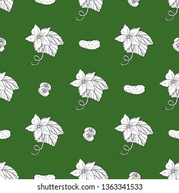 Seamless pattern with black and white contour cucumbers, cucumber slices, flowers and leaves slices for your design. Vegetable outline elements on green background