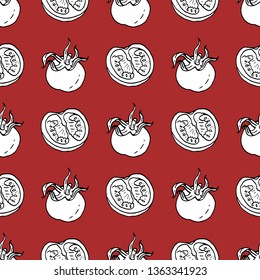 Seamless pattern with black and white contour tomatoes and tomato slices for your design. Vegetable outline elements on red background