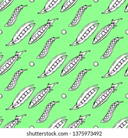 Seamless pattern with black and white contour peas on bright green background