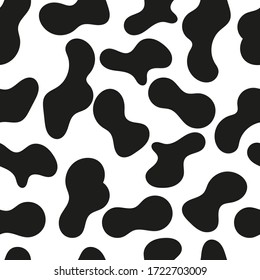 Seamless pattern black and white cow skin, animal print or dalmatian dog stains. Vector illustration. Colorful print can be used for textile, fabric, wrapping, wallpaper etc