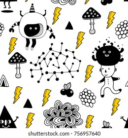 Seamless pattern and black   white creatures  Vector background in doodle style 