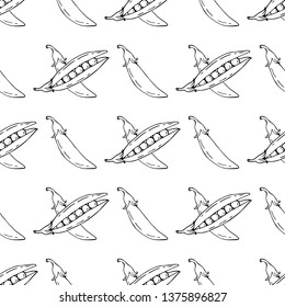 Seamless pattern with black and white crossed contour peas. Monochrome outline endless texture with fresh vegetables
