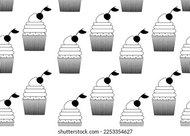 Seamless pattern with black and white cupcake with cherry and editable stroke. Outline endless background with muffin. Website banner and wallpaper print for confectionery and bakery.