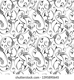 seamless pattern in black and white with curls and plant elements