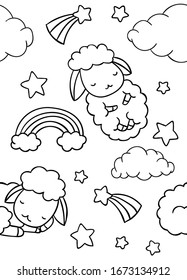 patrón transparente, color blanco y negro, nube de ovejas dibujadas a mano y doodle estrella, páginas de color, impresión