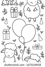 seamless pattern, black and white cute hand drawn sheepand air balloon and gift doodle, coloring pages, print