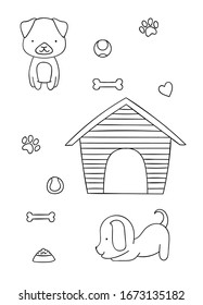 seamless pattern, black and white cute hand drawn dog doodle, coloring pages, print