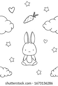 seamless pattern, black and white cute hand drawn bunny, cloud, stars, heart and carrot doodle, coloring pages, print