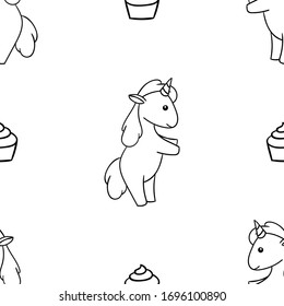 Seamless pattern, black and white cute hand drawn unicorn doodle, coloring pages, print
