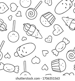 Seamless pattern, black and white cute hand drawn sweet doodle, coloring pages, print