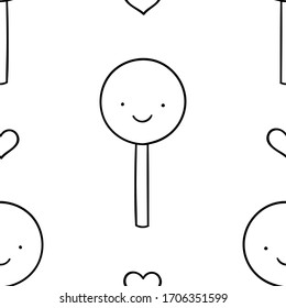 Seamless pattern, black and white cute hand drawn candy doodle, coloring pages, print