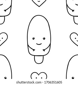 Seamless pattern, black and white cute hand drawn ice cream doodle, coloring pages, print