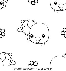 Seamless pattern, black and white cute hand drawn turtle doodle, coloring pages, print