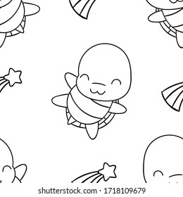 Seamless pattern, black and white cute hand drawn turtle doodle, coloring pages, print