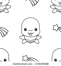 Seamless pattern, black and white cute hand drawn turtle doodle, coloring pages, print