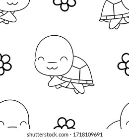 Seamless pattern, black and white cute hand drawn turtle doodle, coloring pages, print