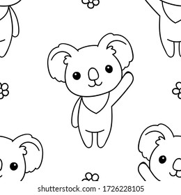 Nahtloses Muster, schwarz-weiße, süße, handgezeichnete Koala-Doodle, Farbseiten, Druck