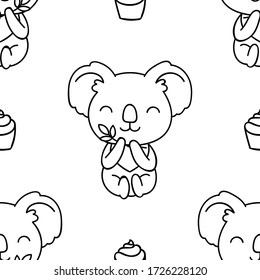 Seamless pattern, black and white cute hand drawn koala doodle, coloring pages, print