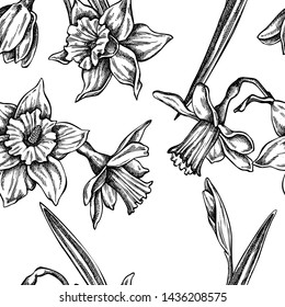 Seamless pattern with black and white daffodil