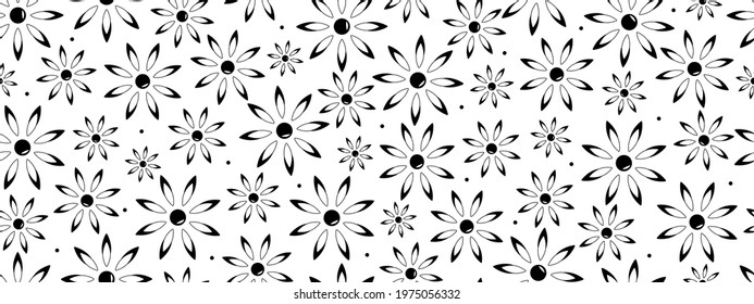 Seamless pattern of black and white daisy flowers abstract, banner Vector illustration.