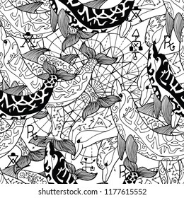 Seamless pattern with black and white decorated dolphins. Esoteric, occult and mysterious concept with sacred geometry elements, graphic vector illustration